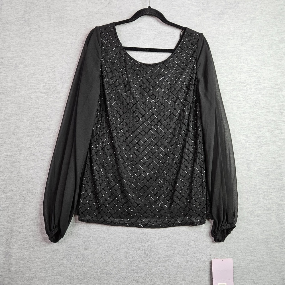 JS Collection Women's Size 14 Beaded Sheer Sleeve Blouse Black Evening Top